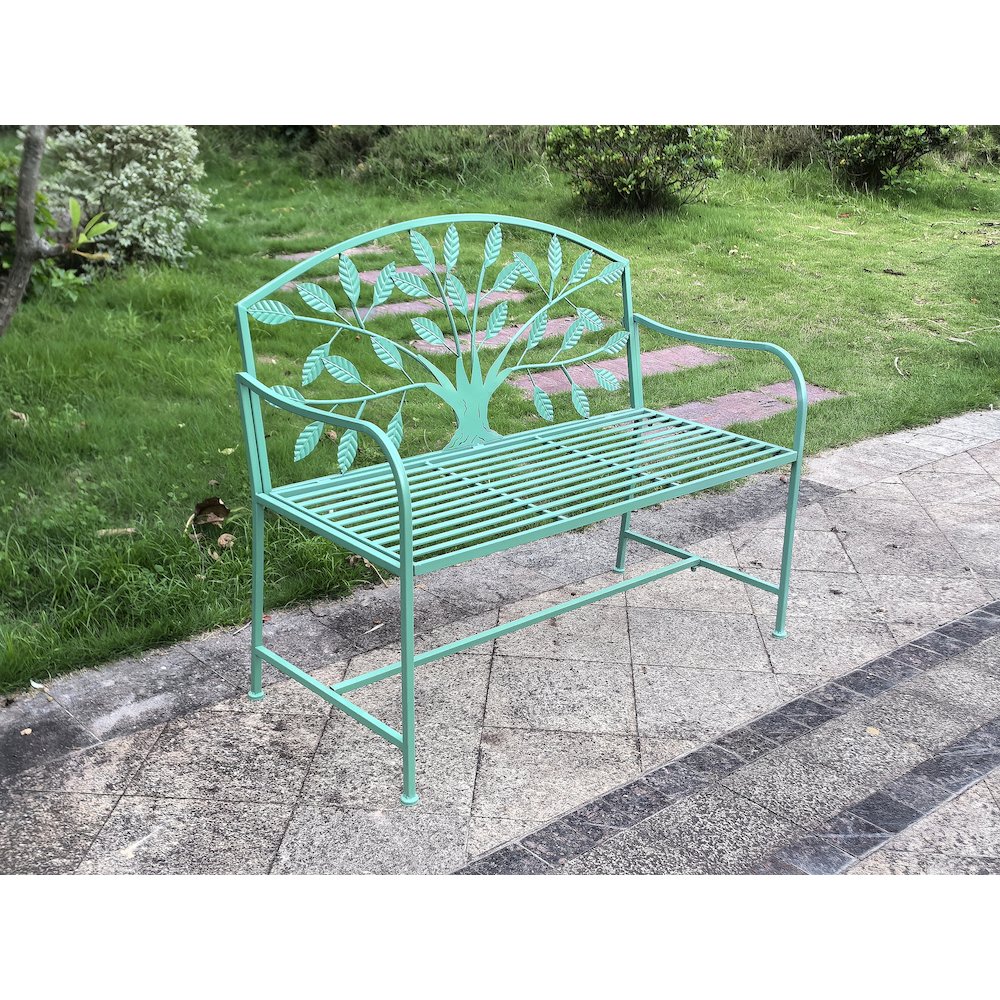 Blue Metal Garden Bench Tree Pattern. Picture 2