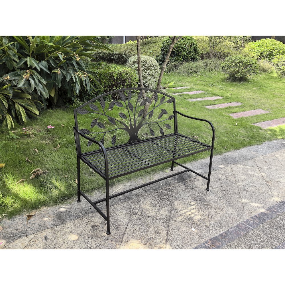 Metal Garden Bench Tree Pattern-Black. Picture 2
