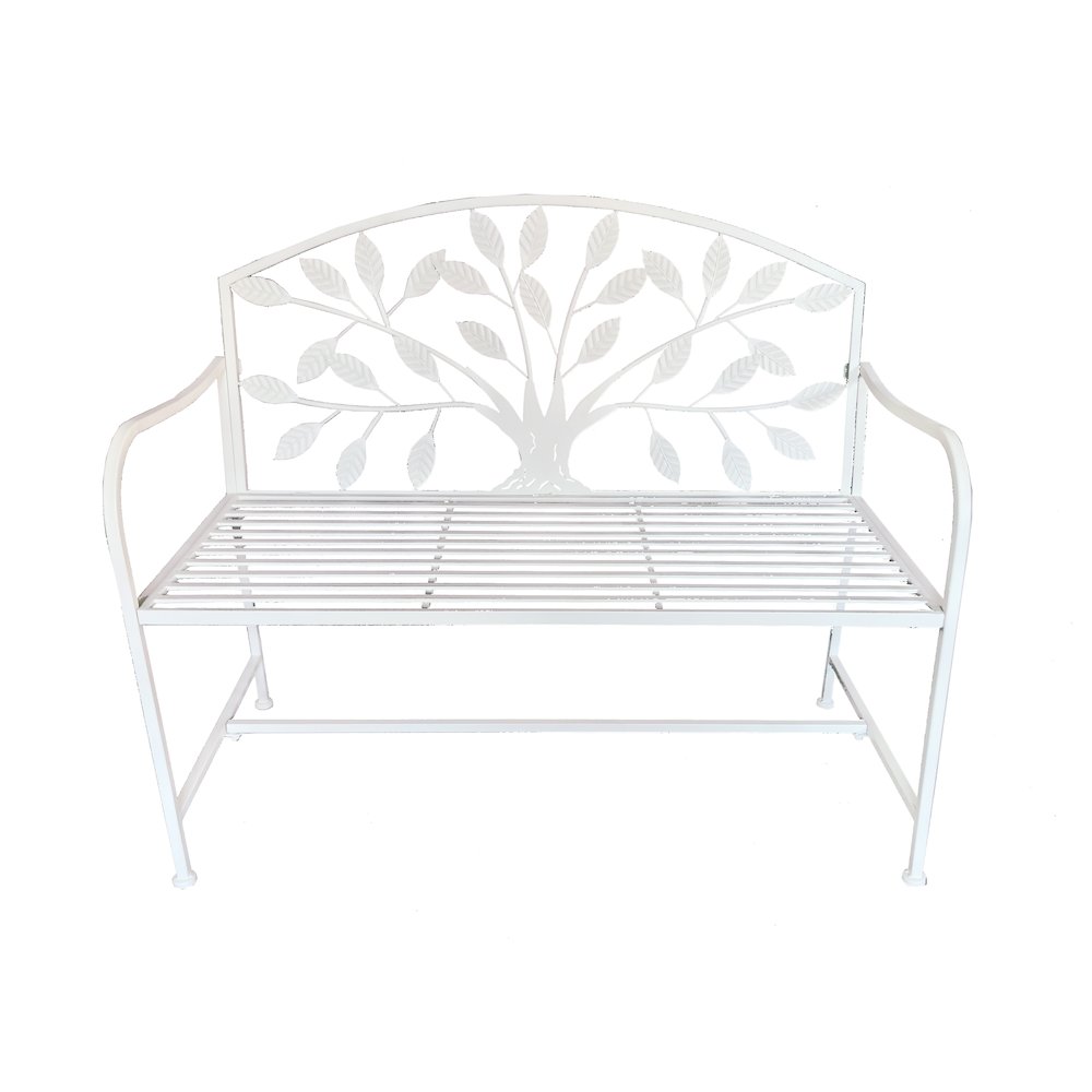 Metal Garden Bench Tree Pattern-White. Picture 1
