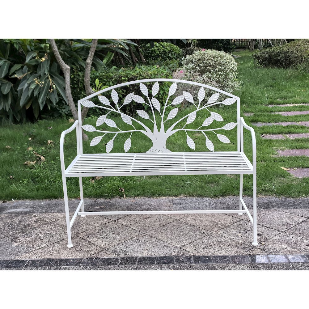 Metal Garden Bench Tree Pattern-White. Picture 2