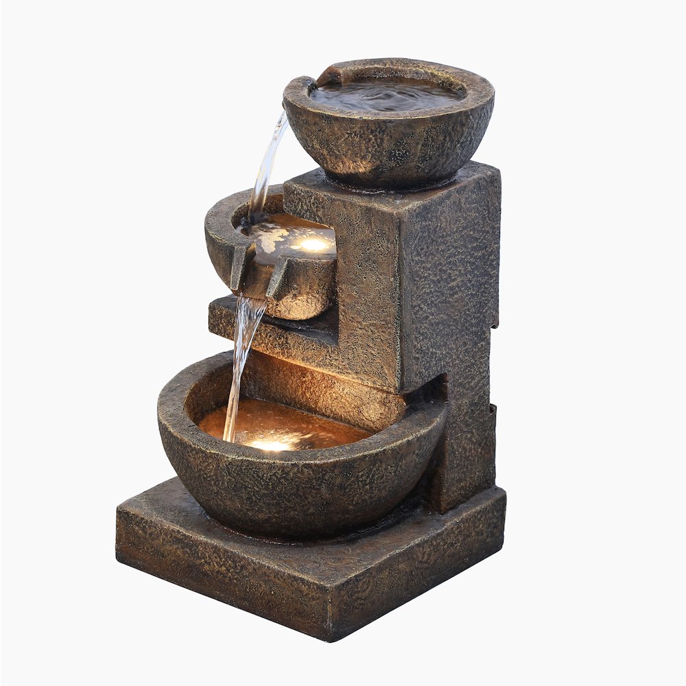 Cascading Bowl Fountain with Dual Warm White LEDs - Brown. Picture 4