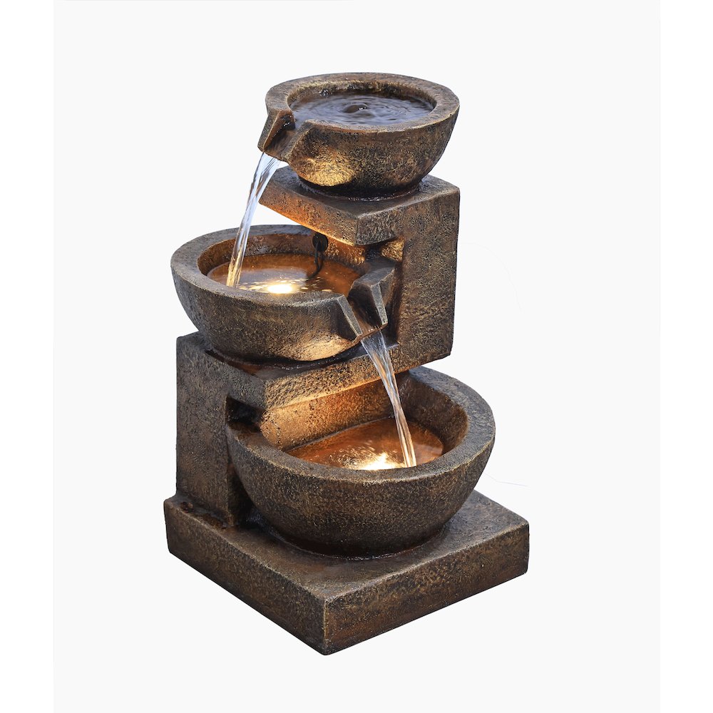Cascading Bowl Fountain with Dual Warm White LEDs - Brown. Picture 5