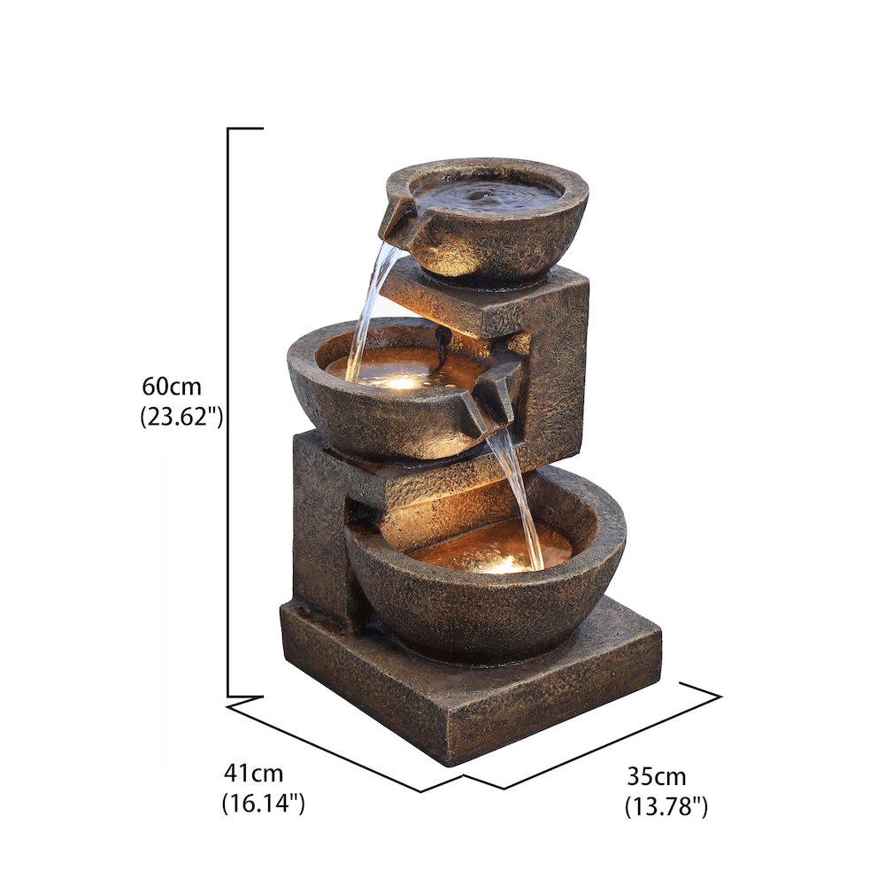 Cascading Bowl Fountain with Dual Warm White LEDs - Brown. Picture 3
