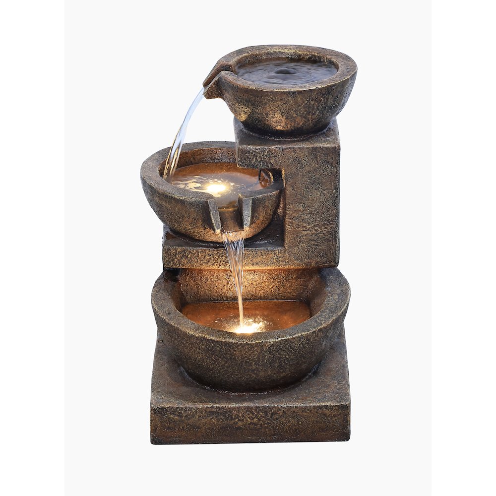 Cascading Bowl Fountain with Dual Warm White LEDs - Brown. Picture 1