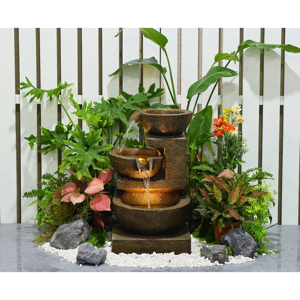 Cascading Bowl Fountain with Dual Warm White LEDs - Brown. Picture 2