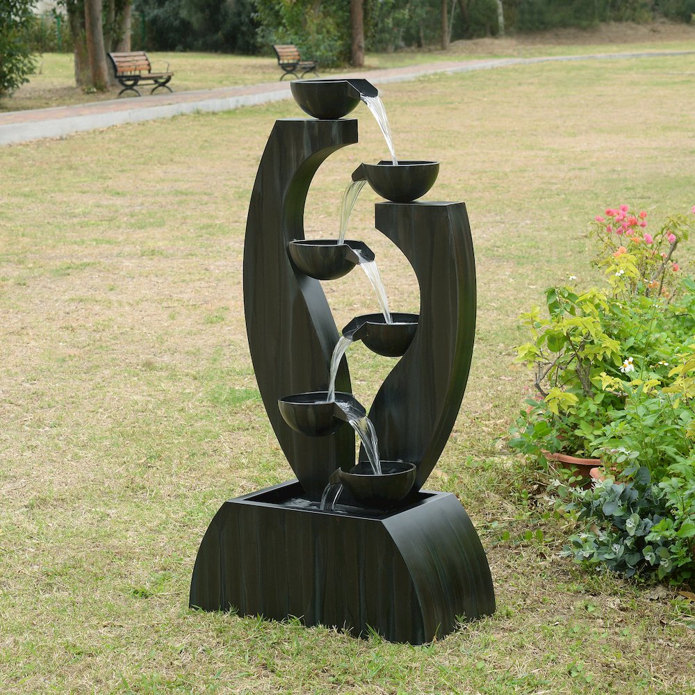 Outdoor Metal Cups Fountain with Rusty Gray Finish. Picture 2