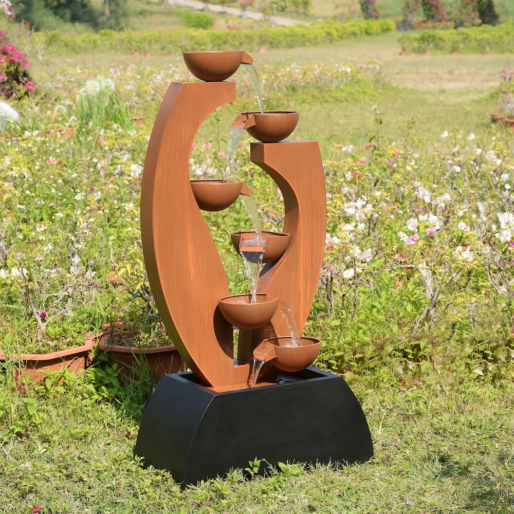 Outdoor Metal Cups Fountain with Rusty Top and Black Basin. Picture 2