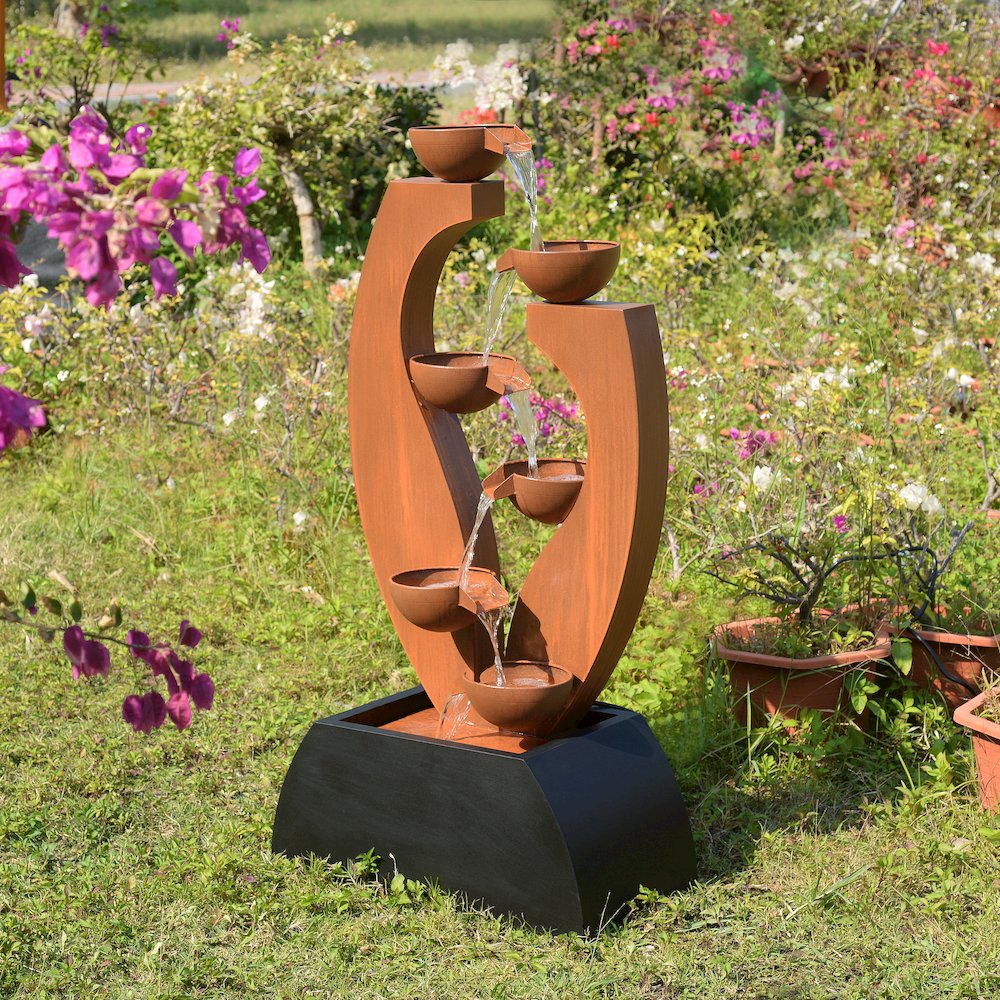 Outdoor Metal Cups Fountain with Rusty Top and Black Basin. Picture 5
