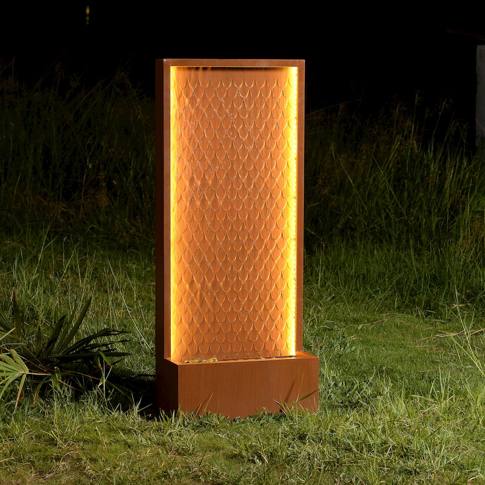 Rustic Zinc Metal Waterfall Fountain with LED Lighting - Outdoors. Picture 2