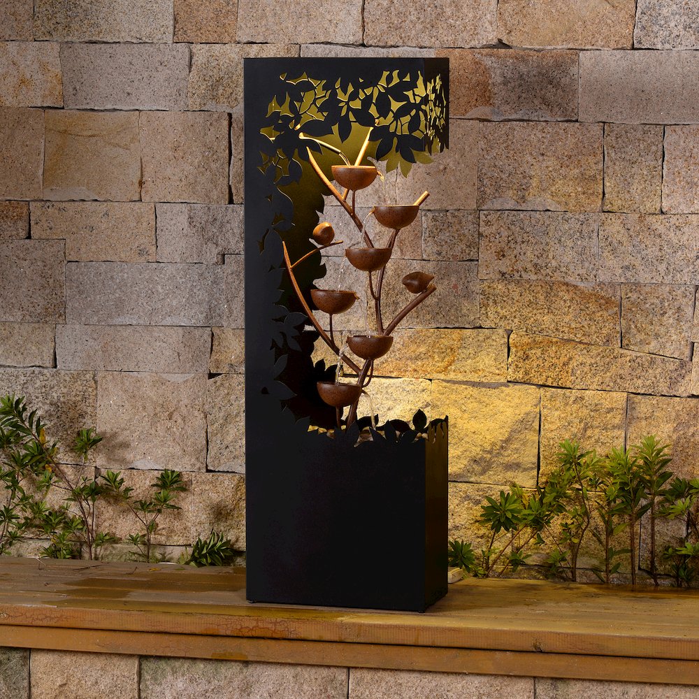 Black LED Fountain with Hollowed Flower & Bowl Design - Outdoor. Picture 2