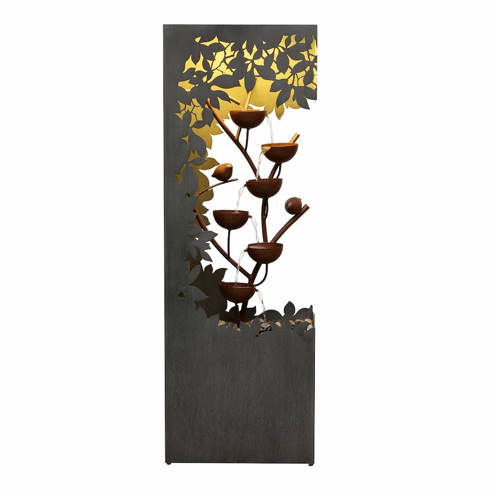 Gray Metal Flower Bowl Outdoor Fountain with Warm White LED Lighting - Outdoor. Picture 1