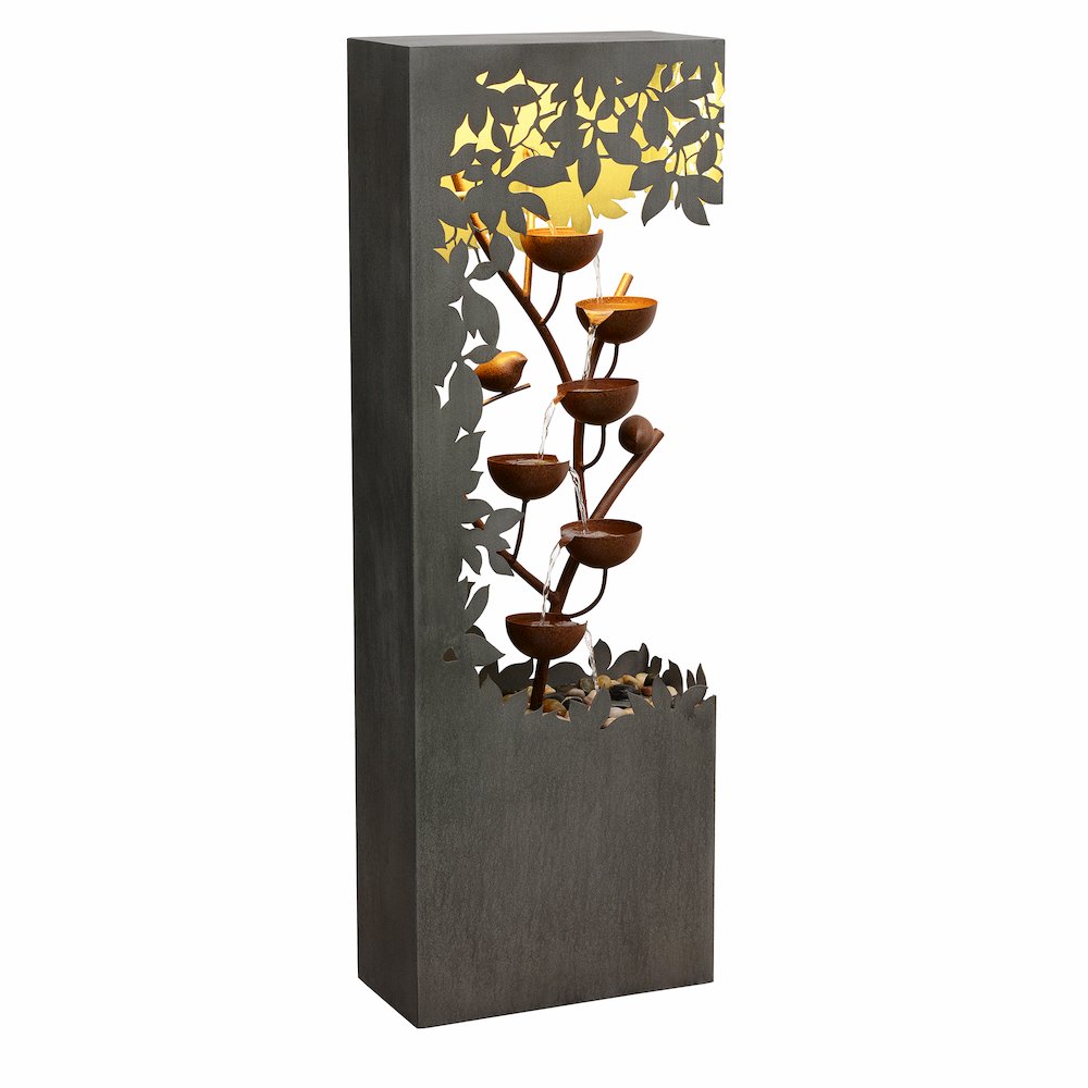 Gray Metal Flower Bowl Outdoor Fountain with Warm White LED Lighting - Outdoor. Picture 4
