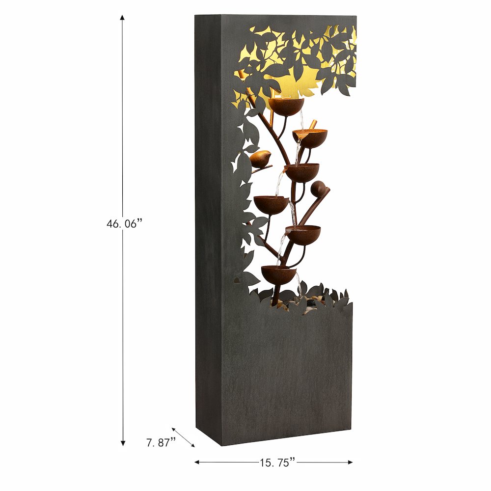 Gray Metal Flower Bowl Outdoor Fountain with Warm White LED Lighting - Outdoor. Picture 3