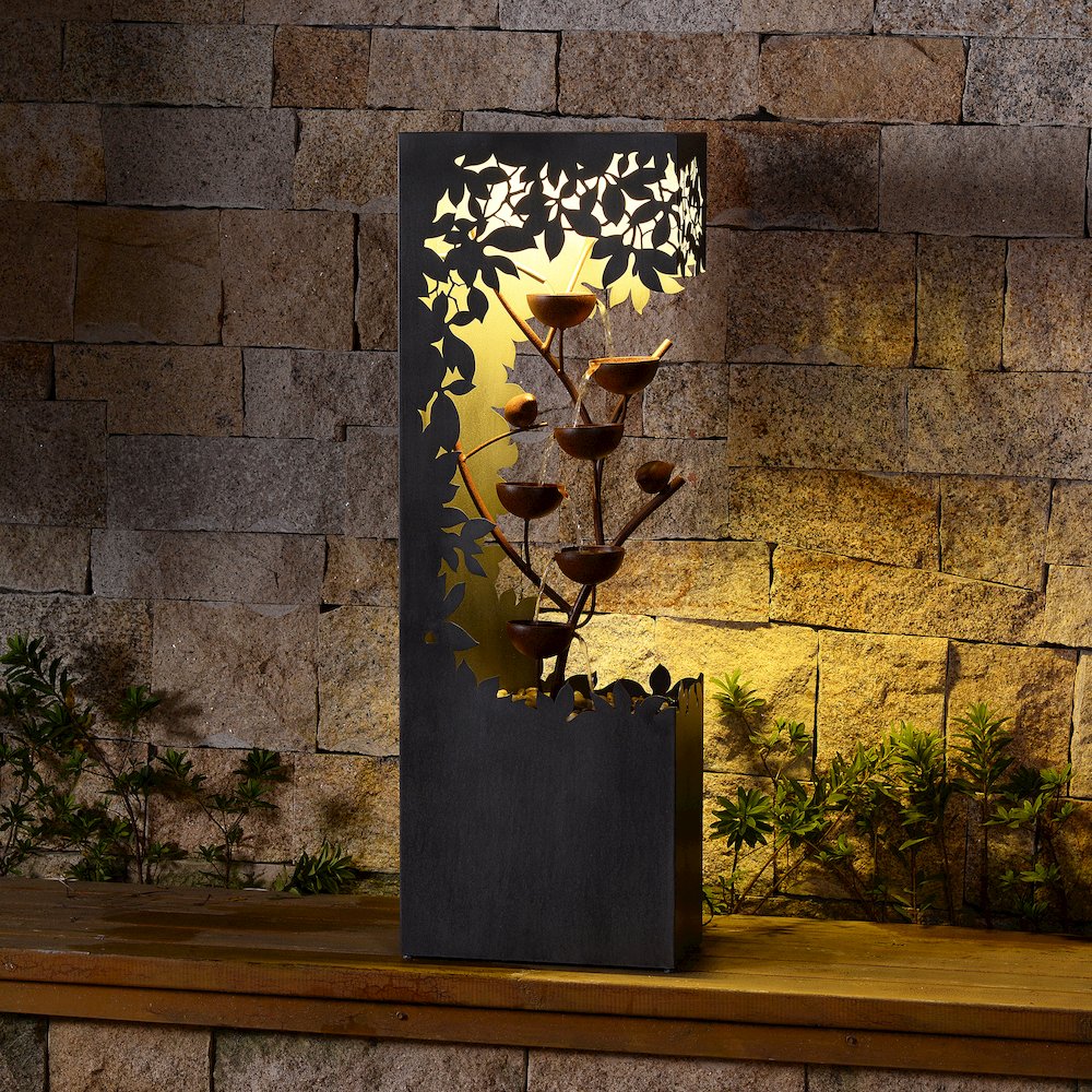 Gray Metal Flower Bowl Outdoor Fountain with Warm White LED Lighting - Outdoor. Picture 2