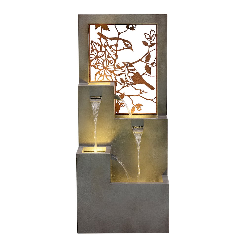 Metal Water Fountain with Bird Design and LED Lights - Outdoor. Picture 1