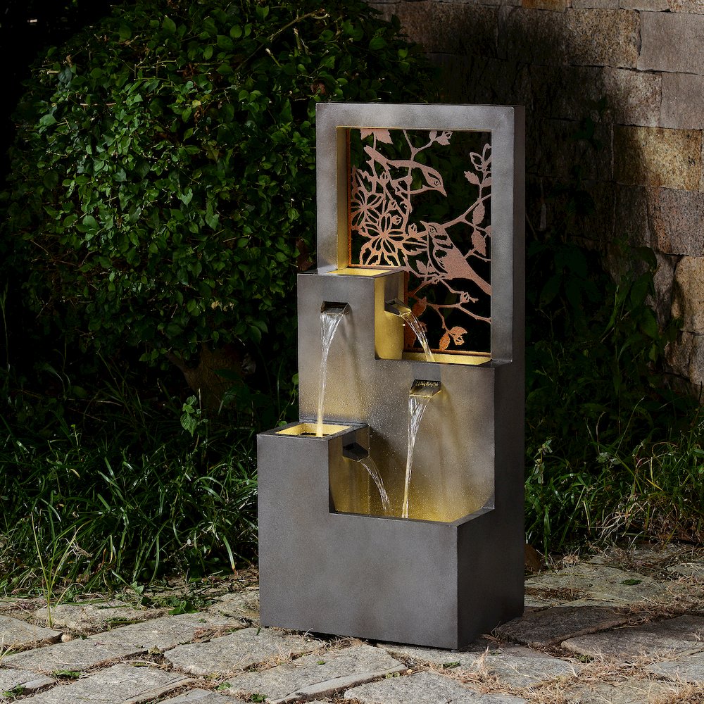 Metal Water Fountain with Bird Design and LED Lights - Outdoor. Picture 2