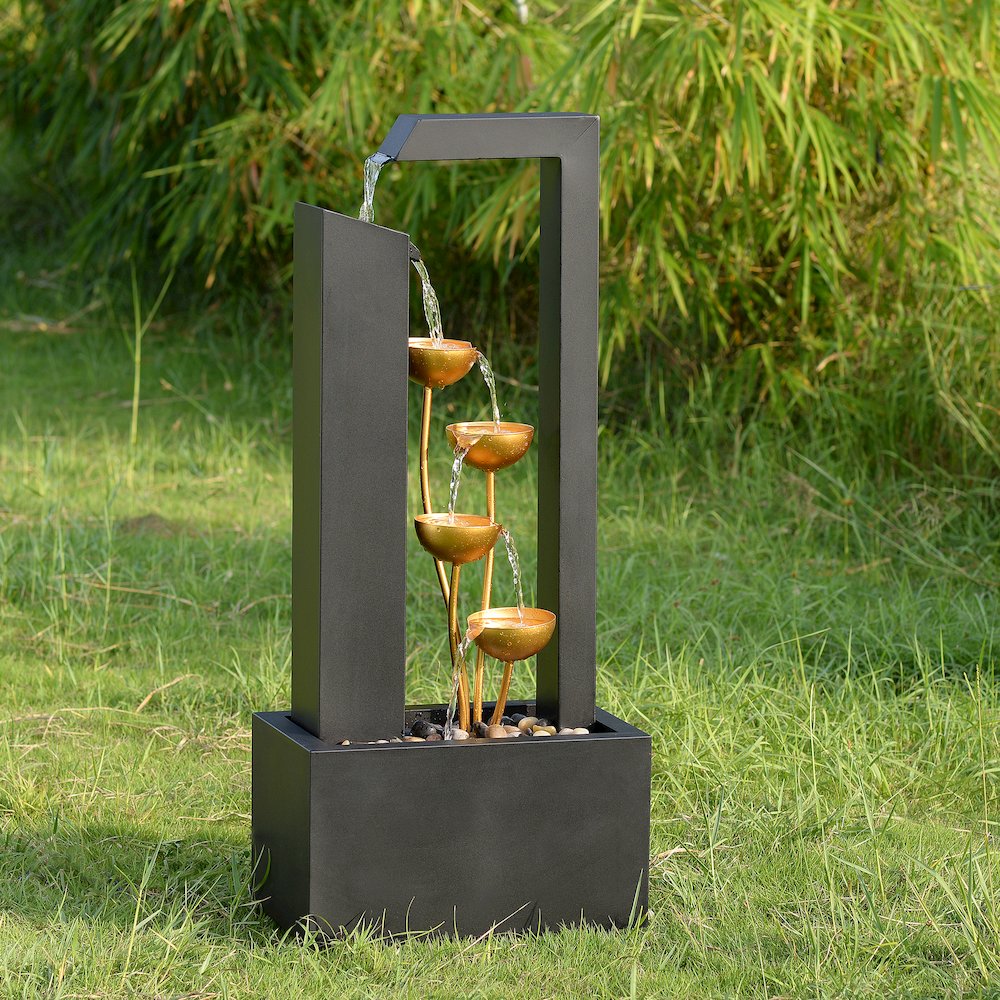 Steel Cups Water Fountain in Matte Black & Gold - Outdoor. Picture 2