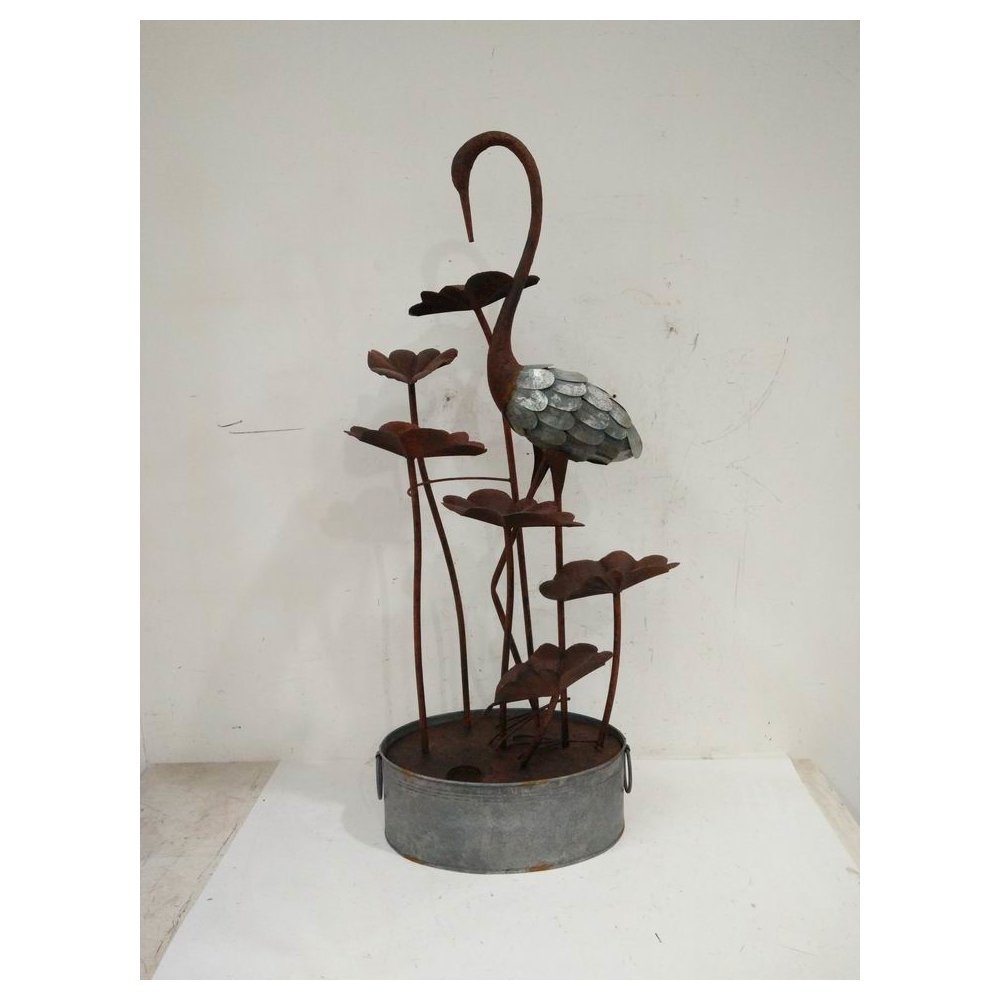 Metal Crane W/Leaves In Pail Fountain. Picture 2