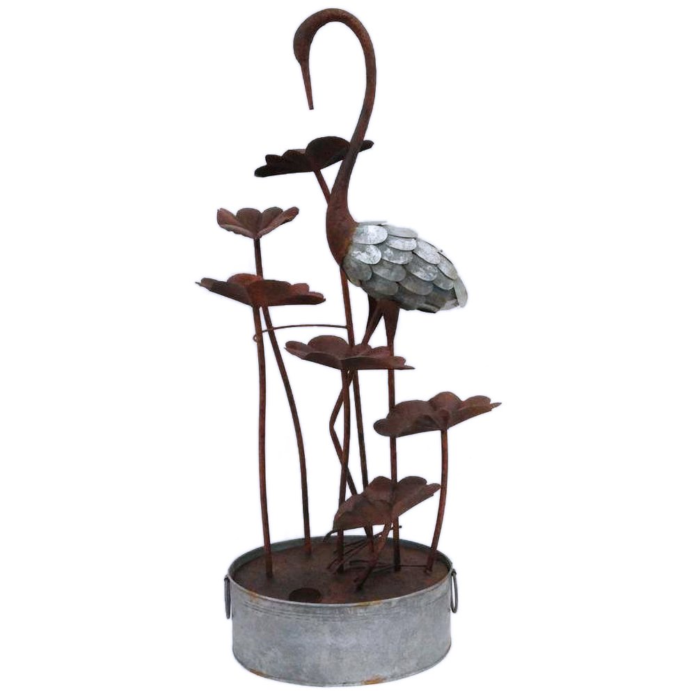 Metal Crane W/Leaves In Pail Fountain. Picture 1