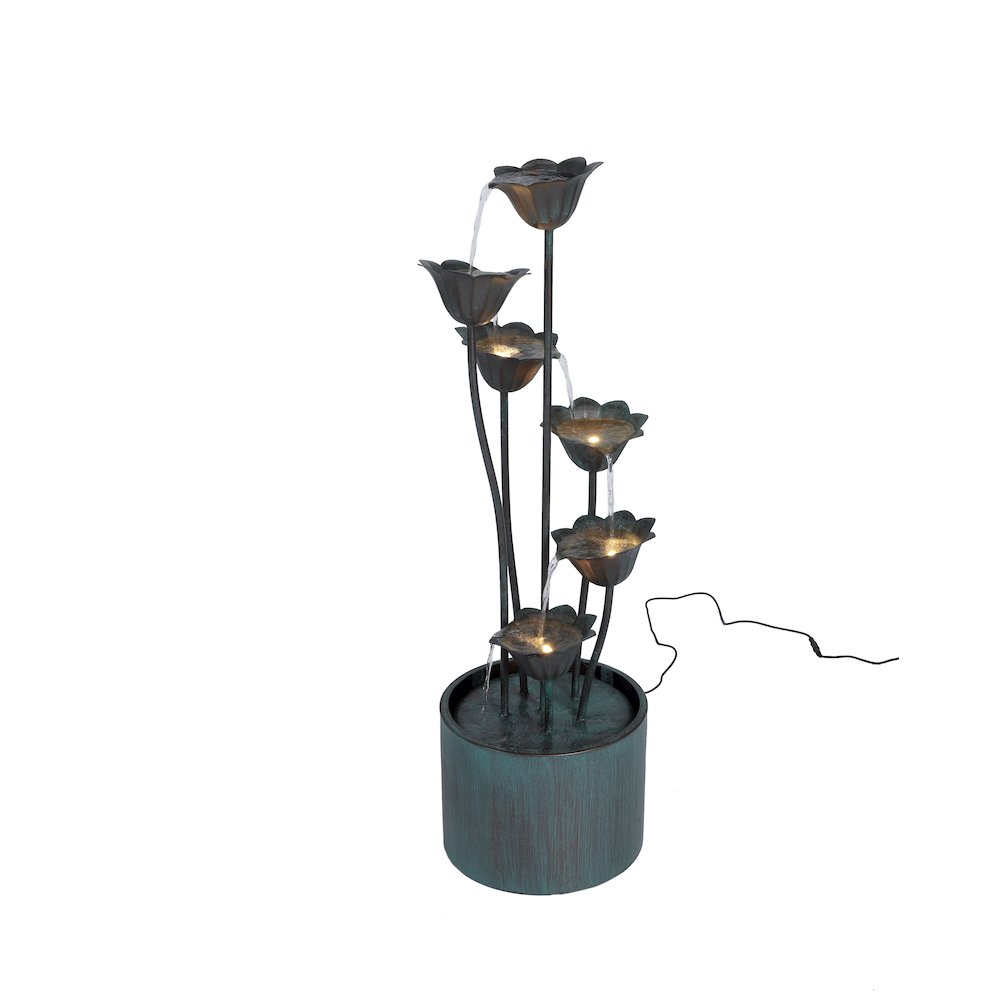 Metal Lily Flower Pouring Into Bucket Fountain with 5 Ww LED. Picture 1