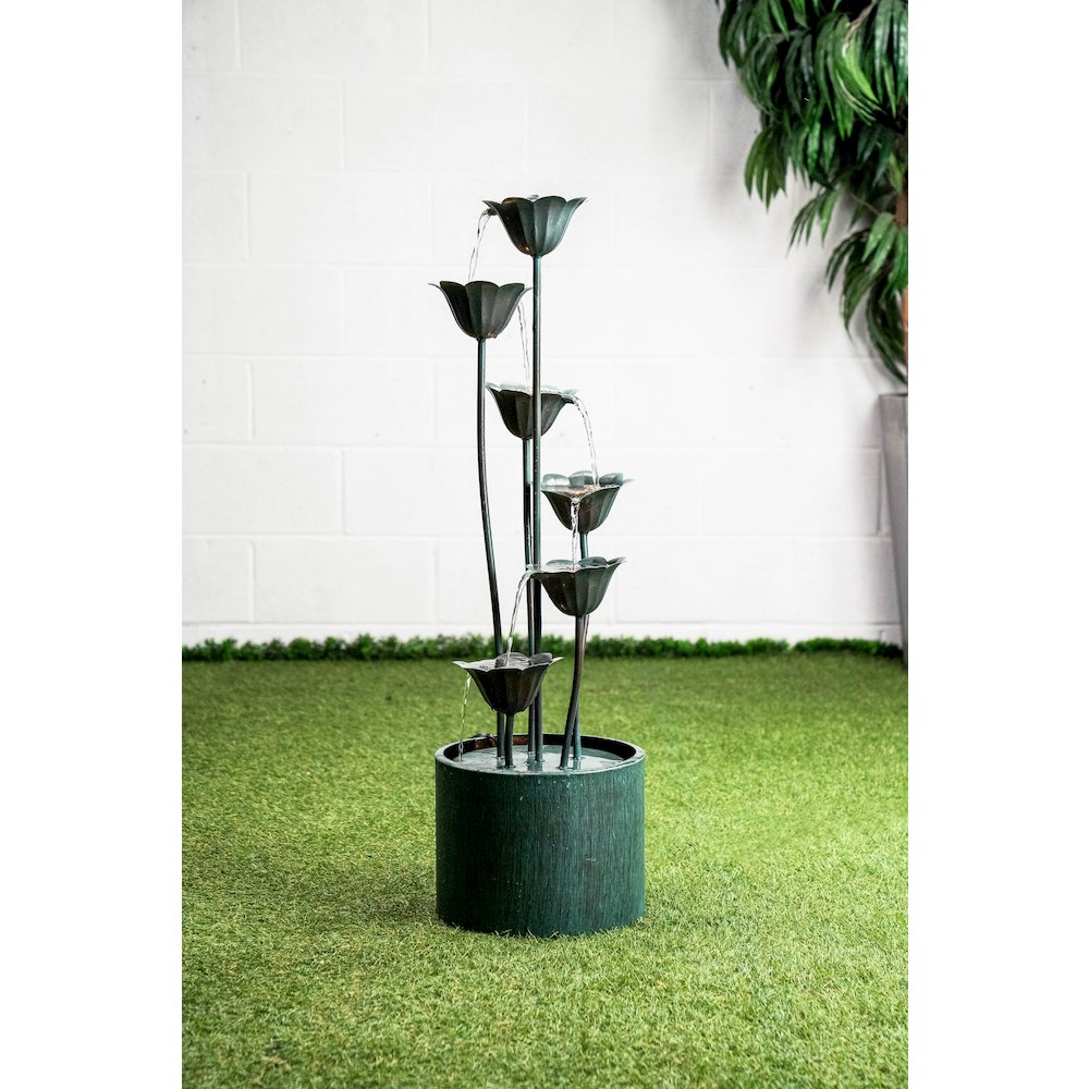 Metal Lily Flower Pouring Into Bucket Fountain with 5 Ww LED. Picture 2