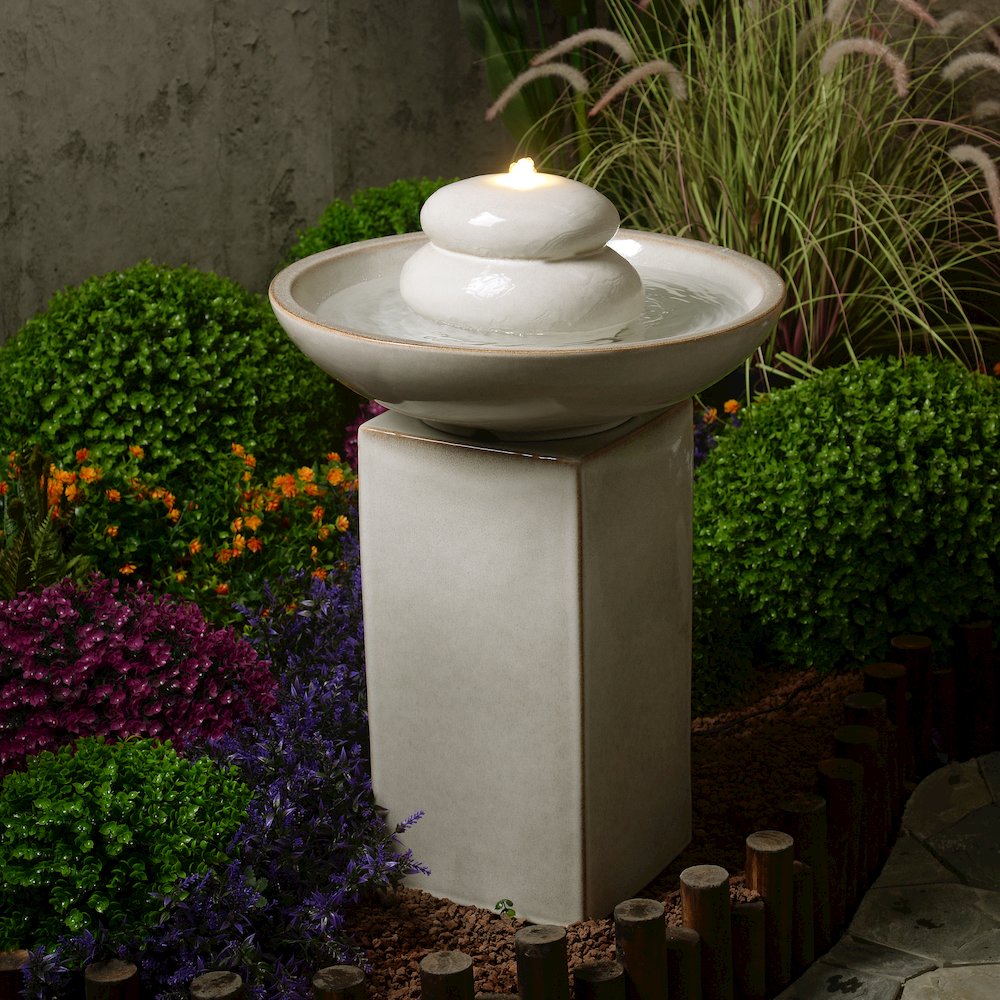 Ivory Ceramic Fountain with Submersible Pump and Warm White LED Lights. Picture 2