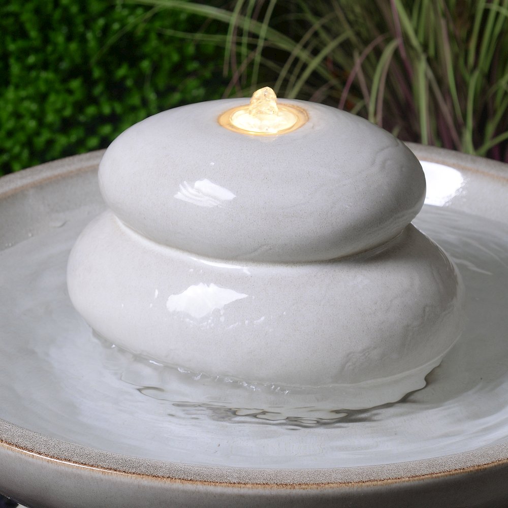 Ivory Ceramic Fountain with Submersible Pump and Warm White LED Lights. Picture 4
