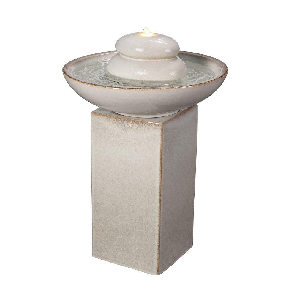 Ivory Ceramic Fountain with Submersible Pump and Warm White LED Lights. Picture 1