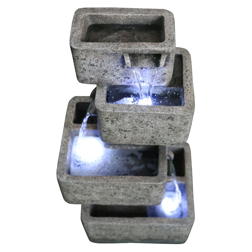 Multilevel Concrete Cascading Fountain with 3 Cool White LED Lights. Picture 1
