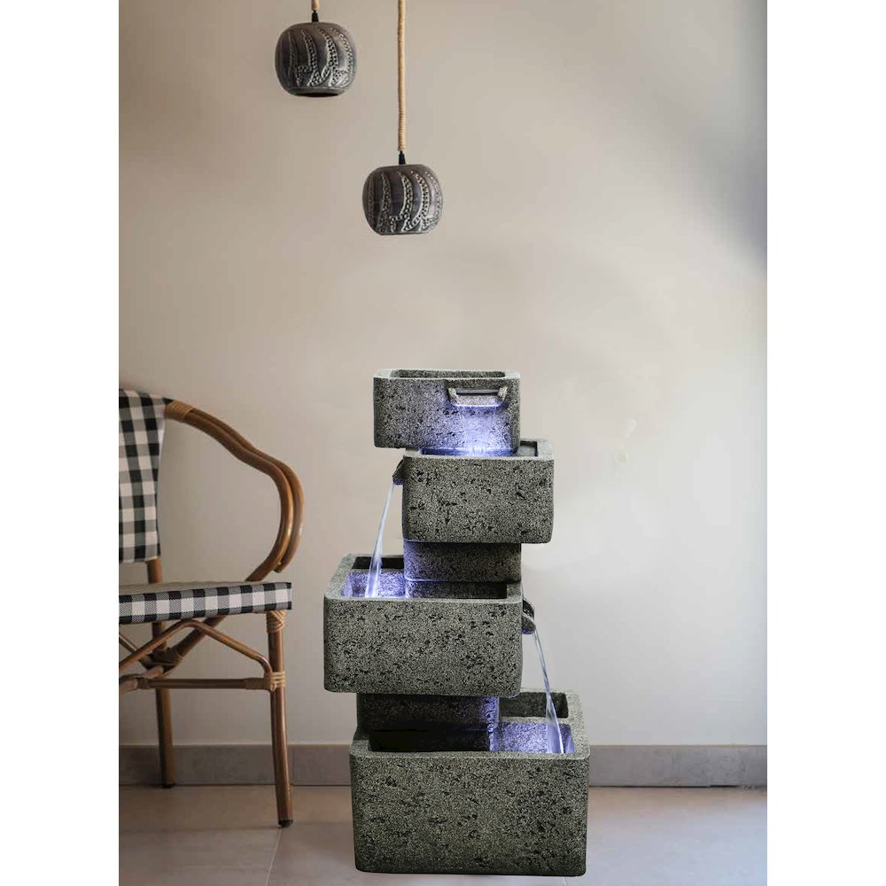 Multilevel Concrete Cascading Fountain with 3 Cool White LED Lights. Picture 6