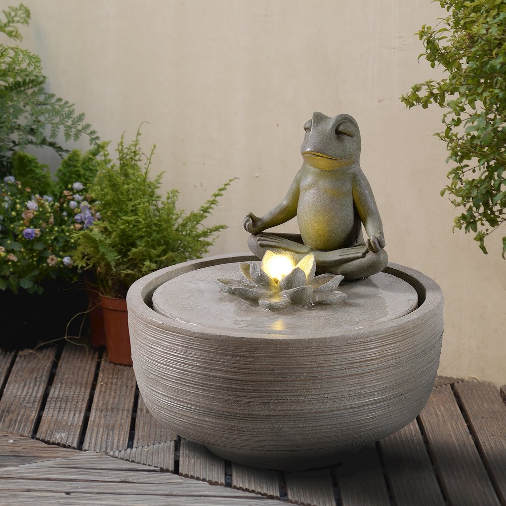 15" H Meditating Frog Water Fountain LEDs. Picture 2