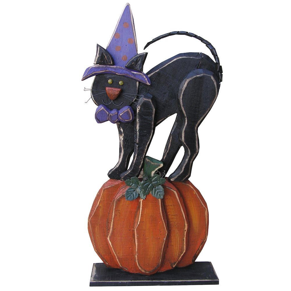 30in Wooden Black Cat on Pumpkin Halloween Decor Indoor Outdoor Use. Picture 1