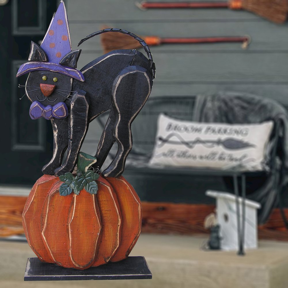 30in Wooden Black Cat on Pumpkin Halloween Decor Indoor Outdoor Use. Picture 2