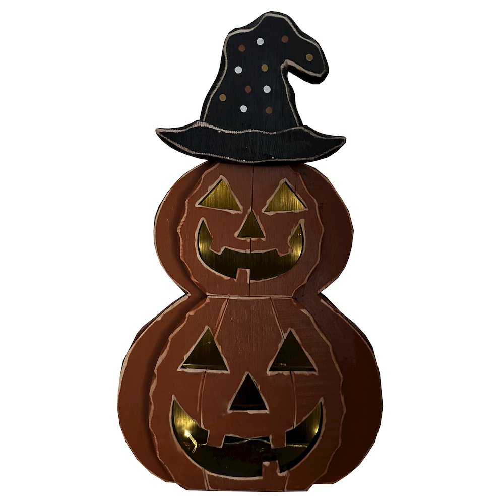 25in Wooden Lighted Jack O Lantern Hat Timer Battery Operated Halloween Decor. Picture 1