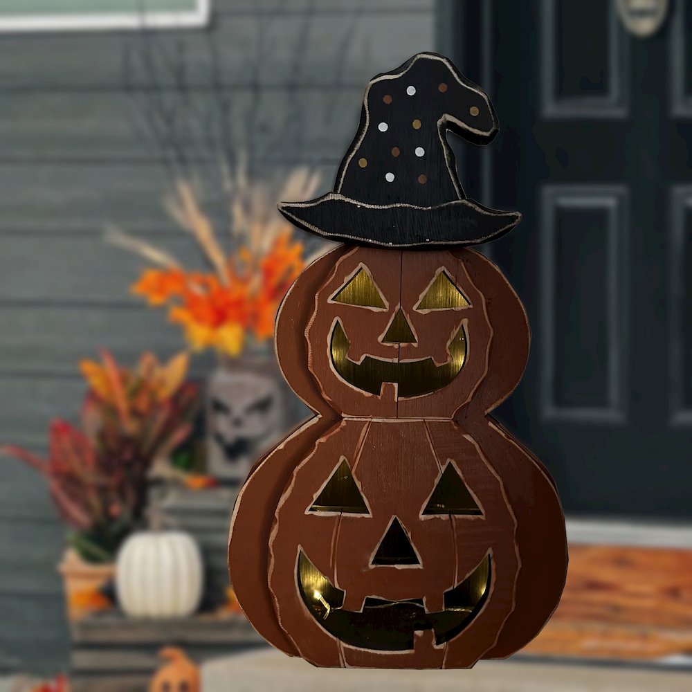 25in Wooden Lighted Jack O Lantern Hat Timer Battery Operated Halloween Decor. Picture 2