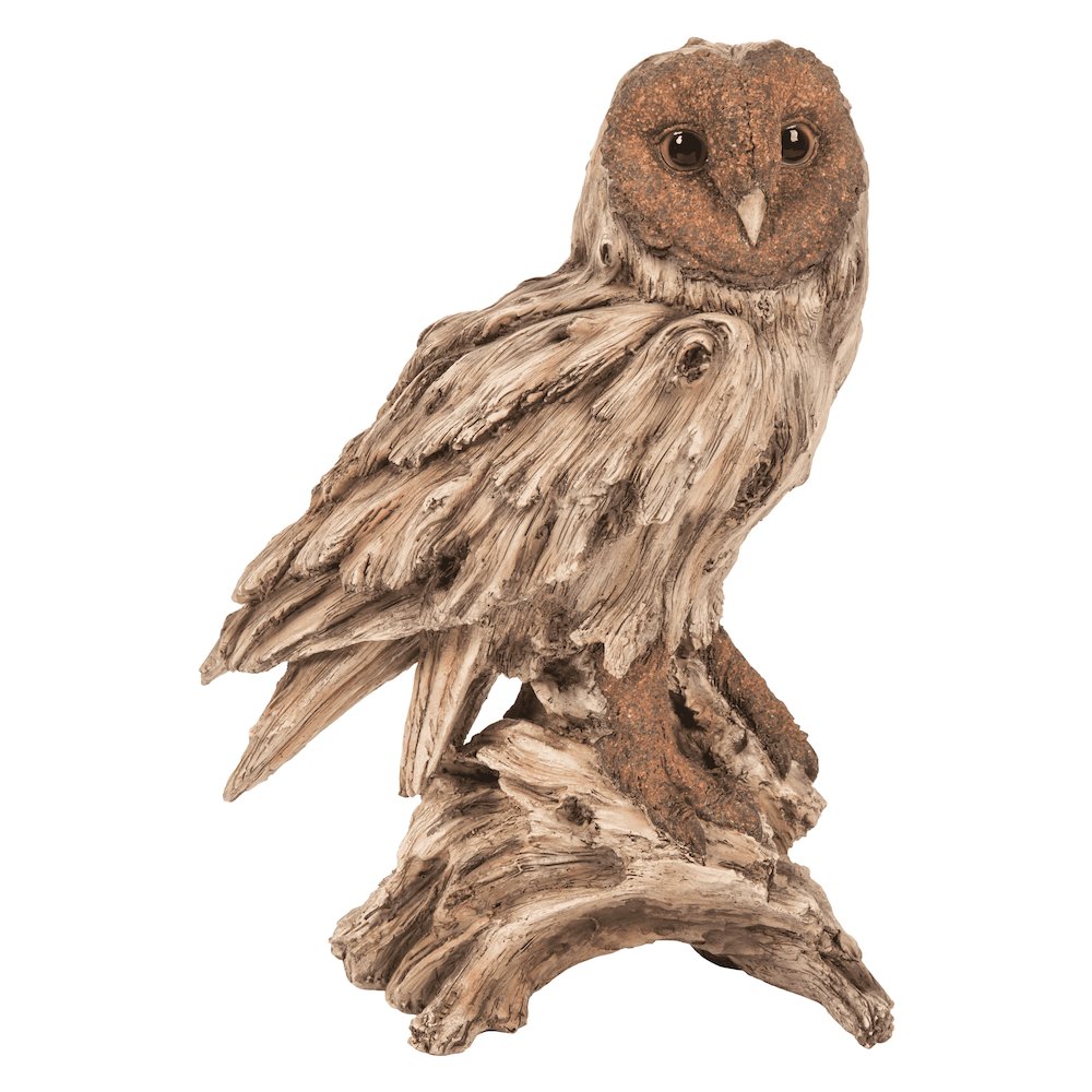 Driftwood Barn Owl On Stump Statue. Picture 2