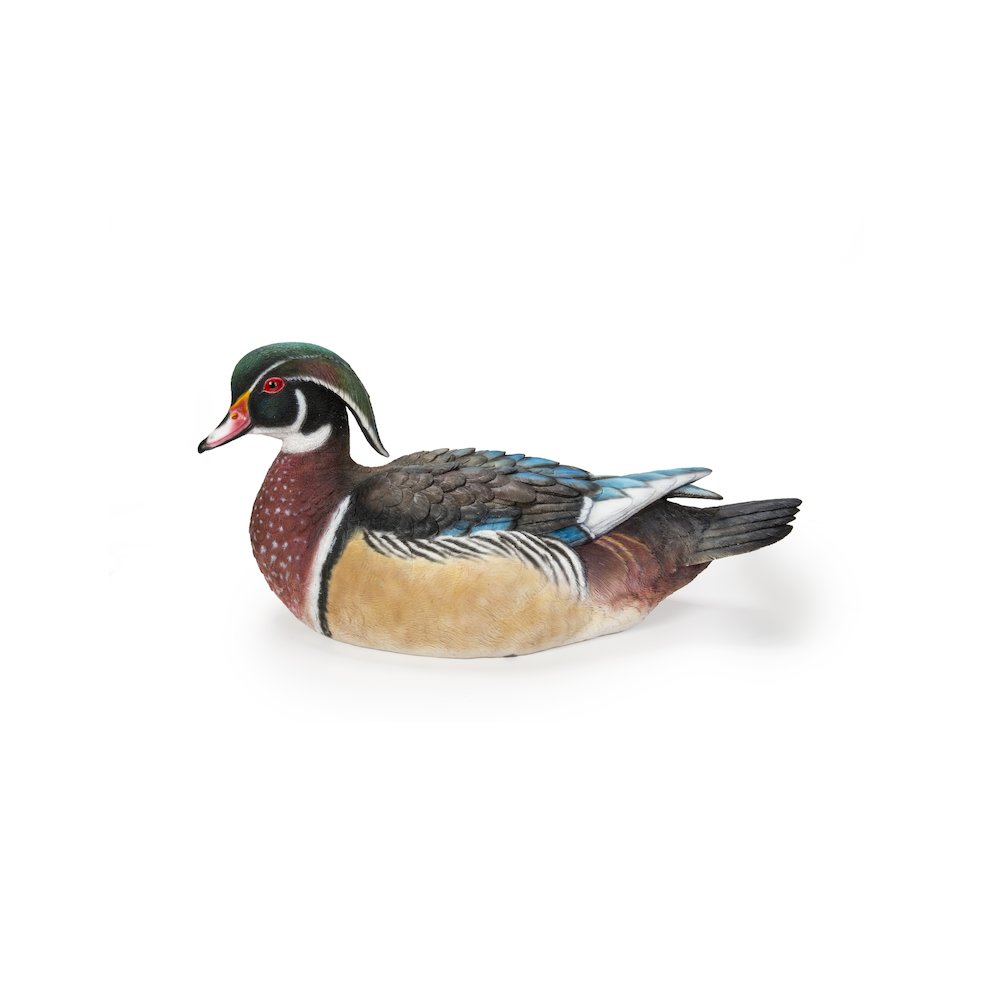 Colorful Sitting Wood Duck Garden Statue. Picture 3
