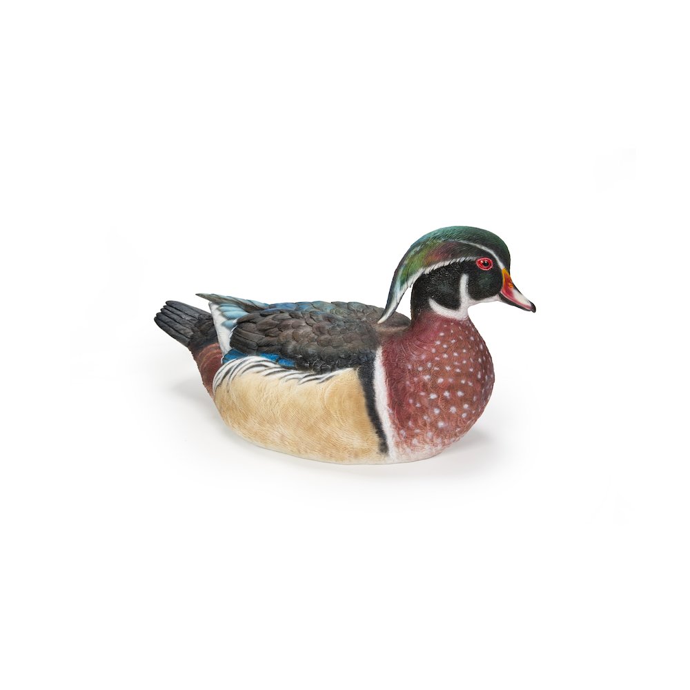 Colorful Sitting Wood Duck Garden Statue. Picture 2