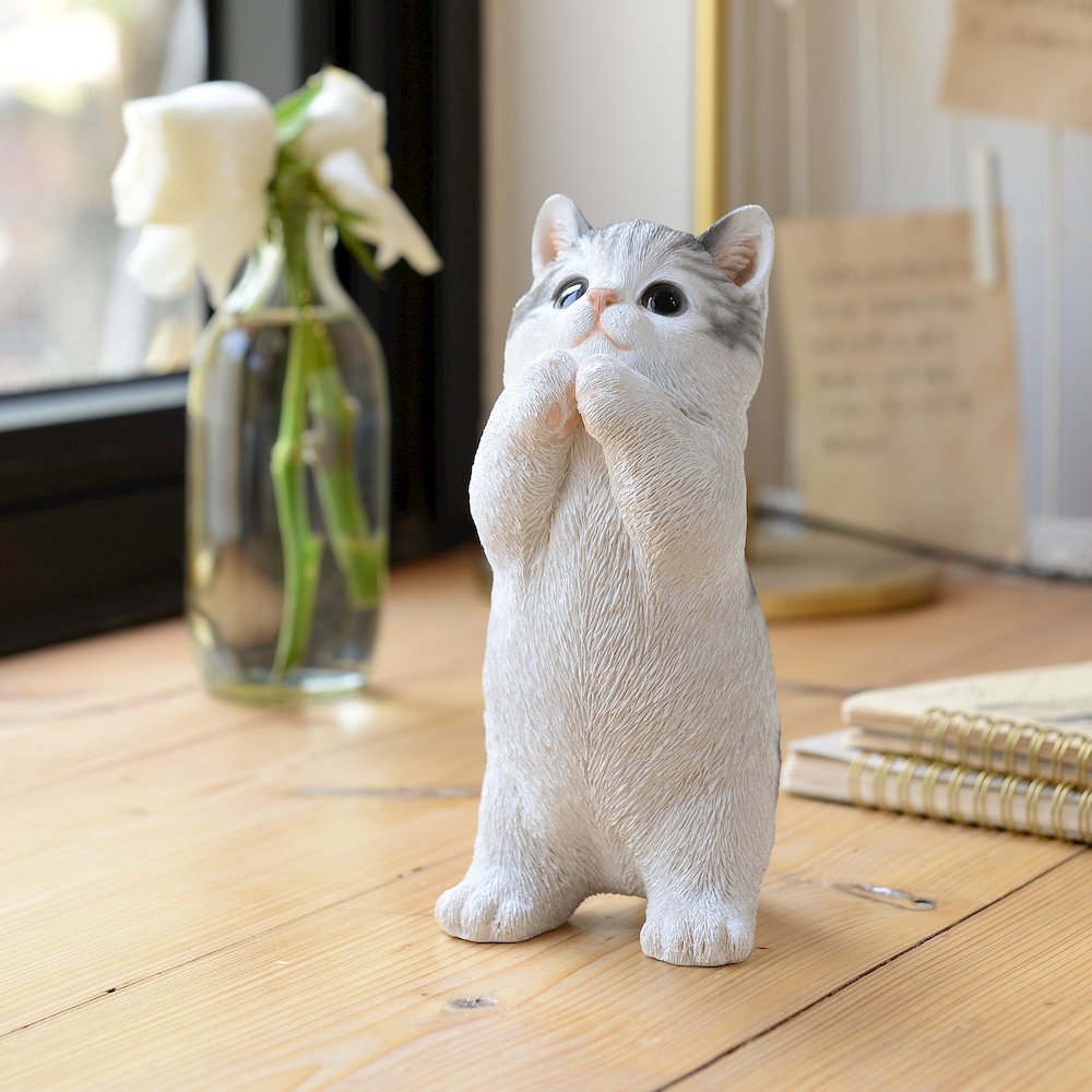 7" H Cat Kitten Statue Praying-Gray. Picture 2