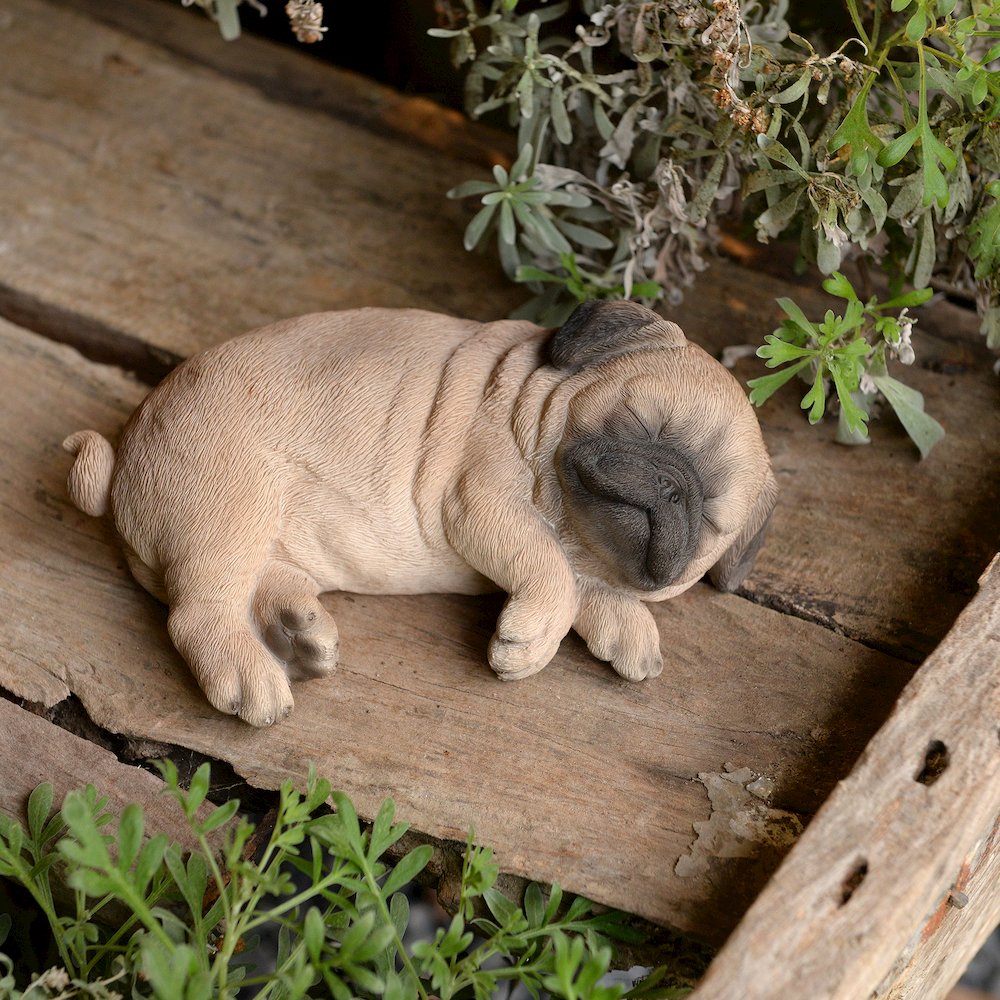 Pug Dreamland: Cozy Brown Polyresin Sleeping Pug Figurine. Picture 2