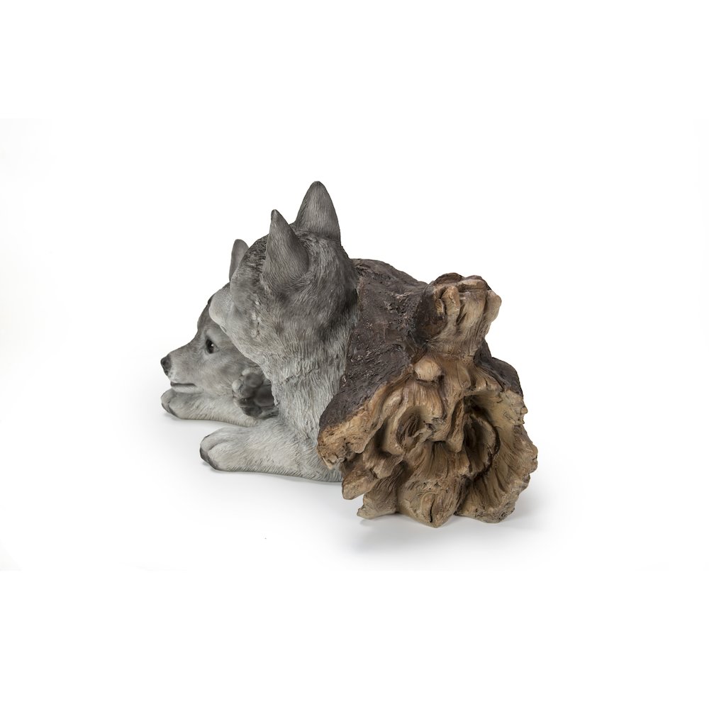 Grey Wolf Cubs Hiding Under Log Statue. Picture 3