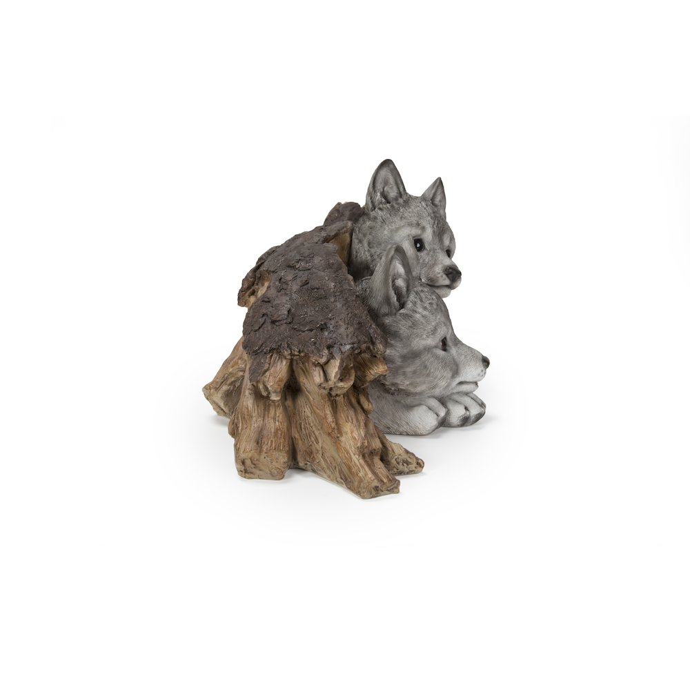 Grey Wolf Cubs Hiding Under Log Statue. Picture 4
