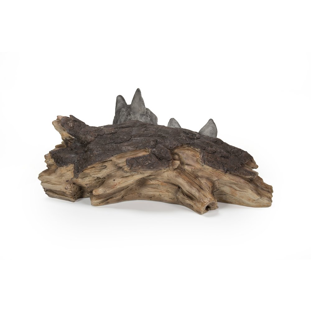 Grey Wolf Cubs Hiding Under Log Statue. Picture 1