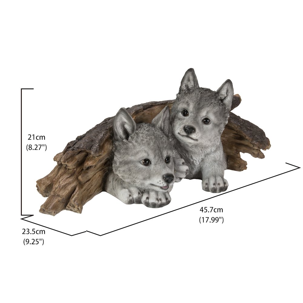 Grey Wolf Cubs Hiding Under Log Statue. Picture 6