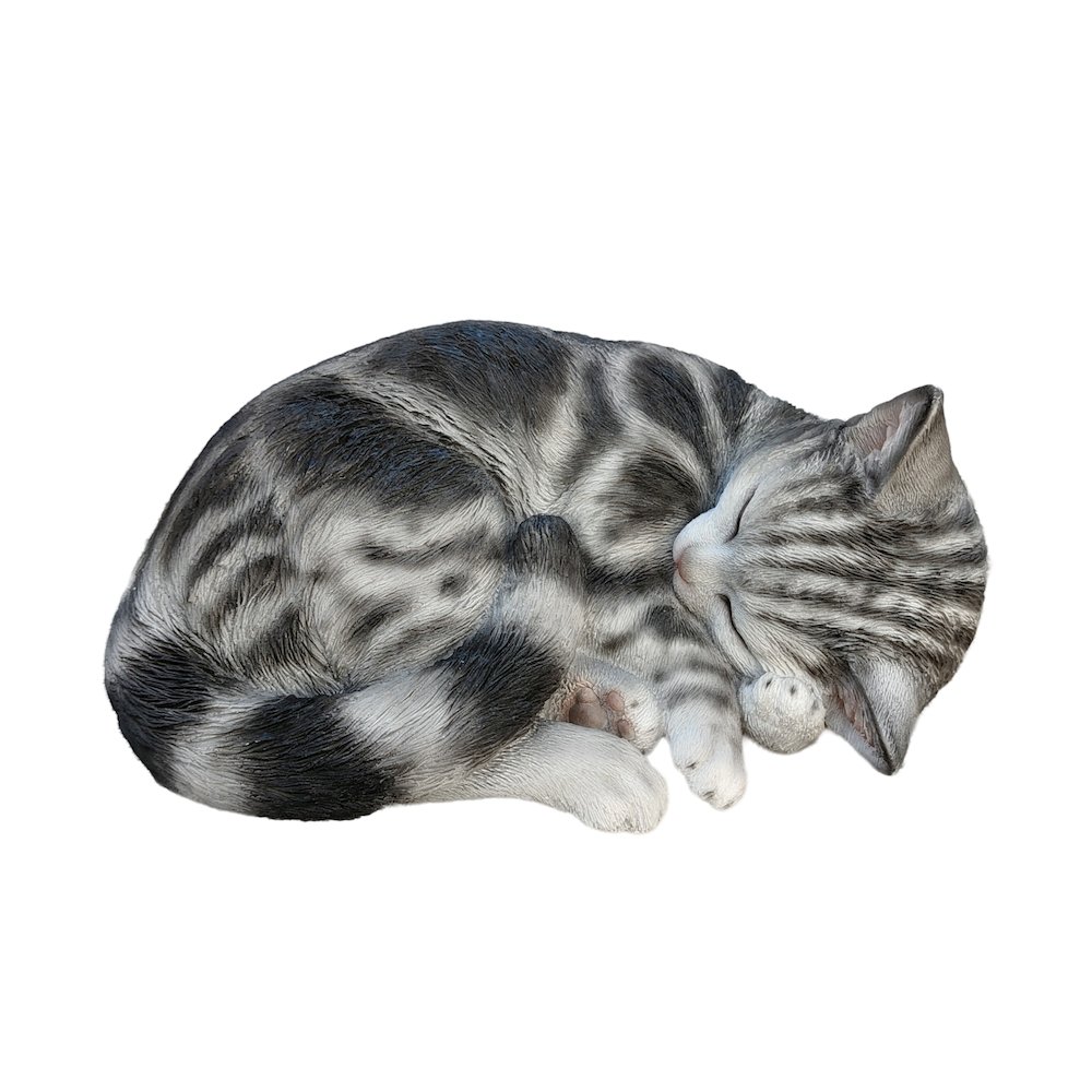 Tabby Dreams: Enchanting Black Polyresin Sleeping Cat Figurine. Picture 1