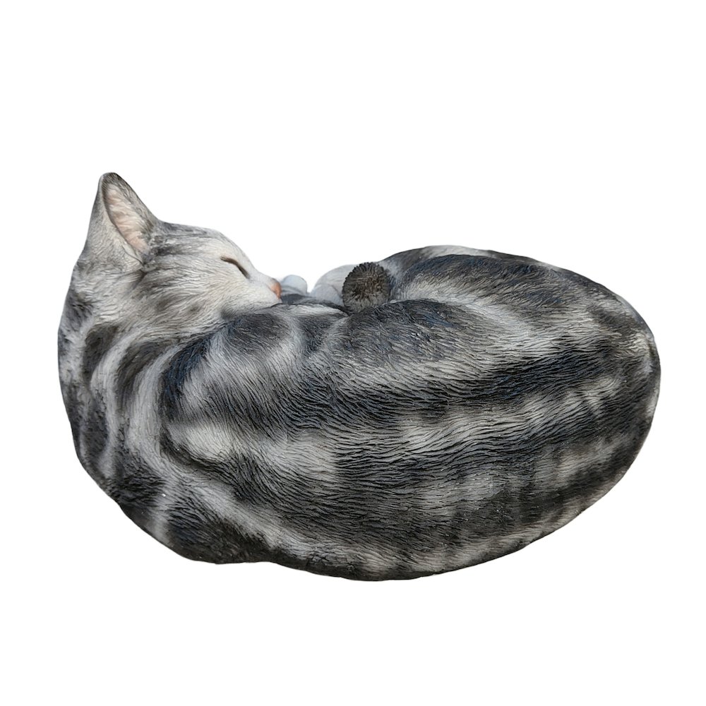 Tabby Dreams: Enchanting Black Polyresin Sleeping Cat Figurine. Picture 5