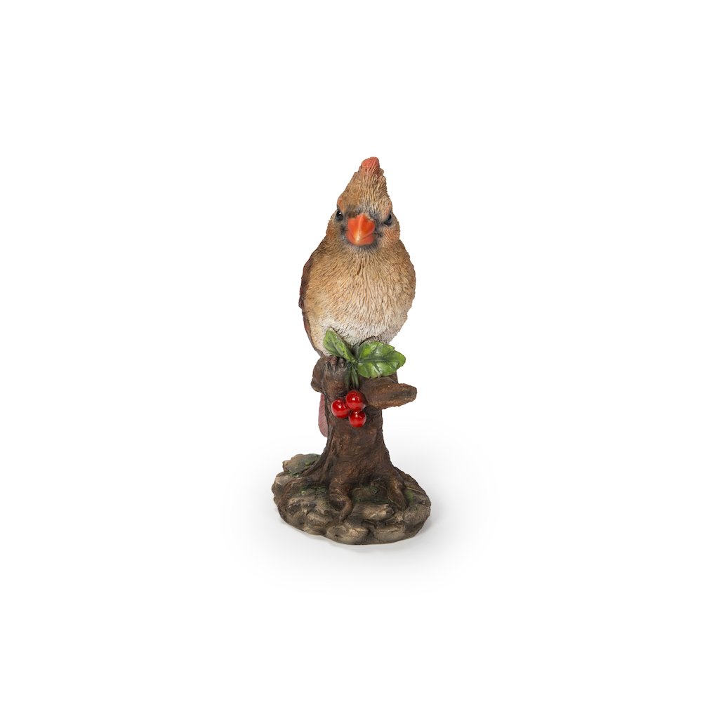 Female Cardinal Resting On Stump Garden Statue. Picture 3