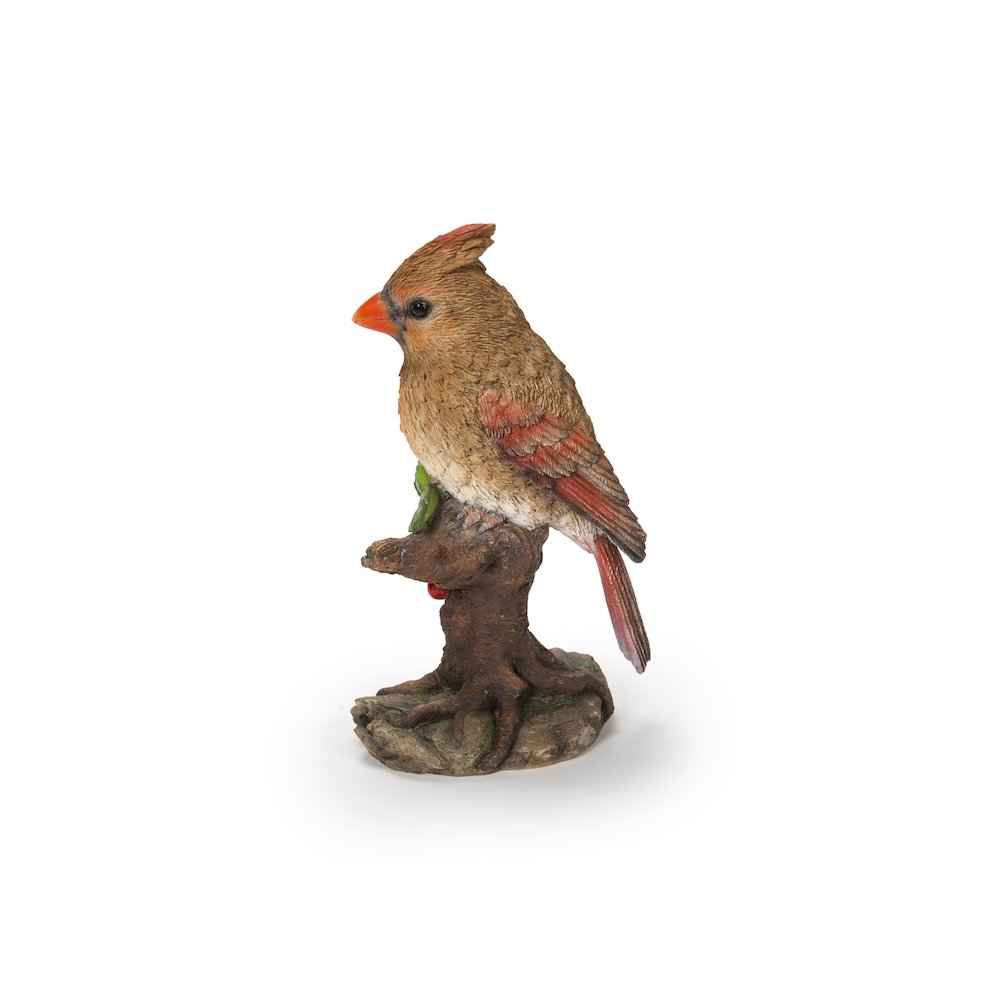 Female Cardinal Resting On Stump Garden Statue. Picture 2
