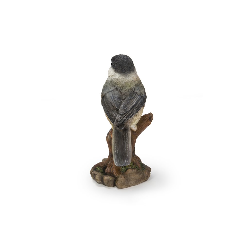 Chickadee Peeking On Stump Garden Statue. Picture 3
