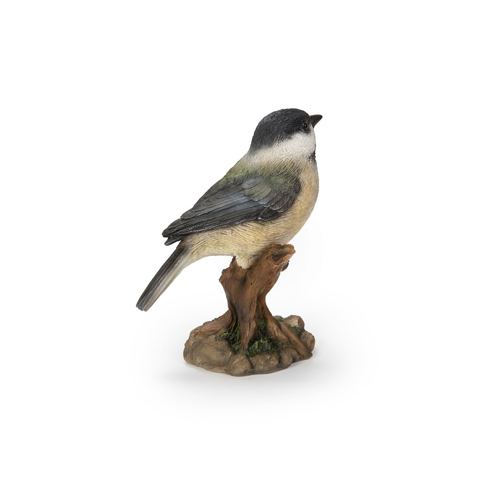 Chickadee Peeking On Stump Garden Statue. Picture 2